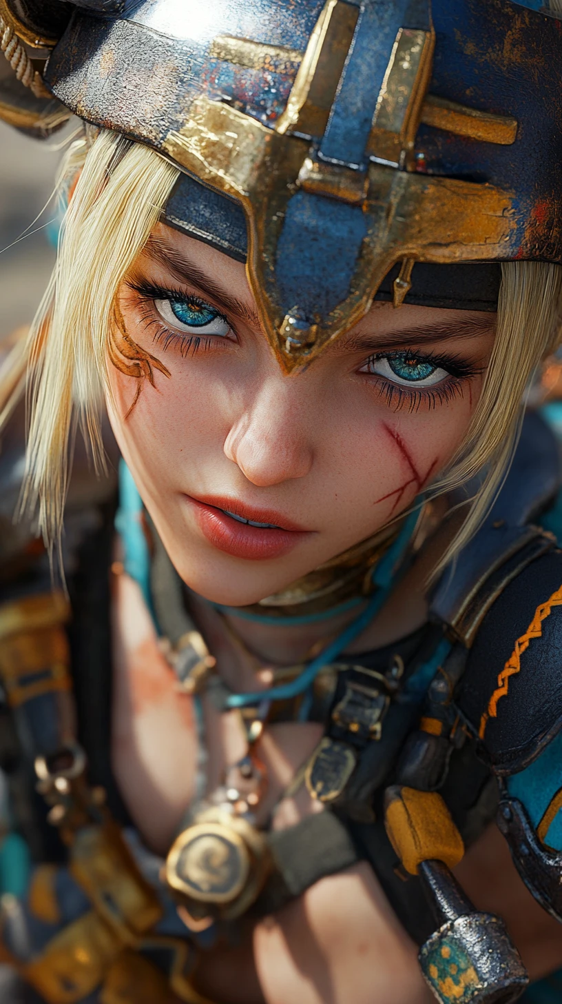 Close up of tattooed anime warrior woman in blue armor