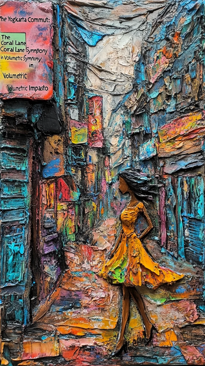 Mulher caminhando por vibrantes ruas abstratas de Yogyakarta
