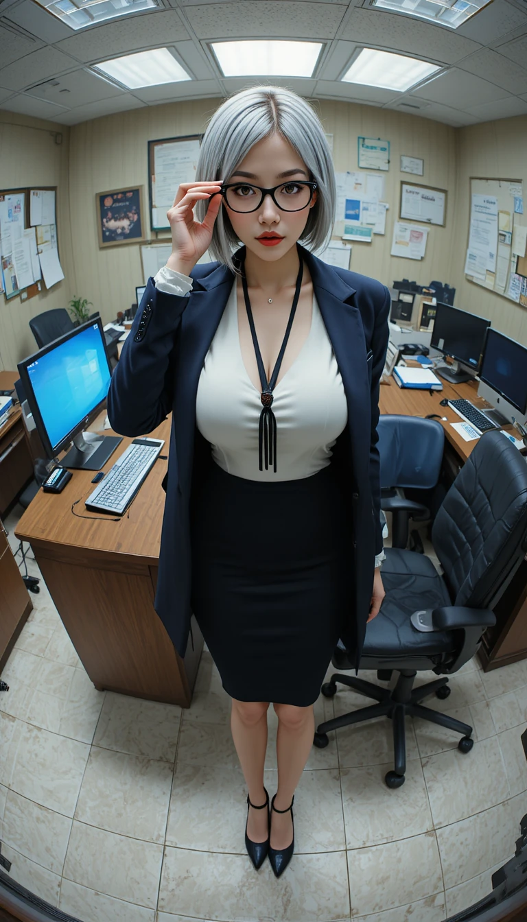 Elegante mujer de oficina ajustando sus gafas junto a su escritorio con computadora