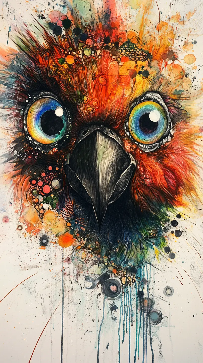 Oiseau fantastique surréaliste aux yeux hypnotiques dans un paysage de rêve