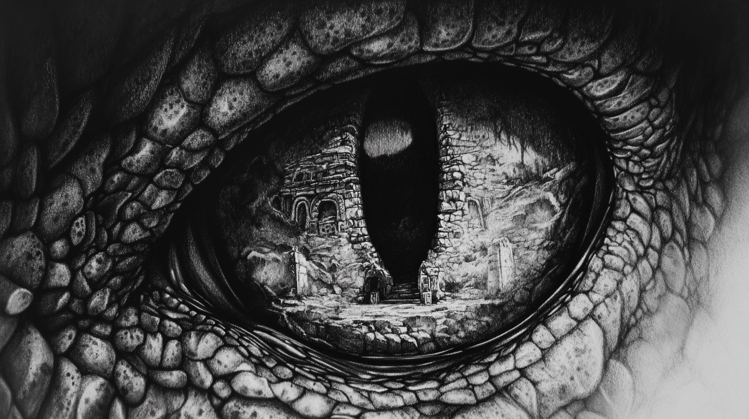Dibujo en grafito en primerísimo plano de un ojo de serpiente