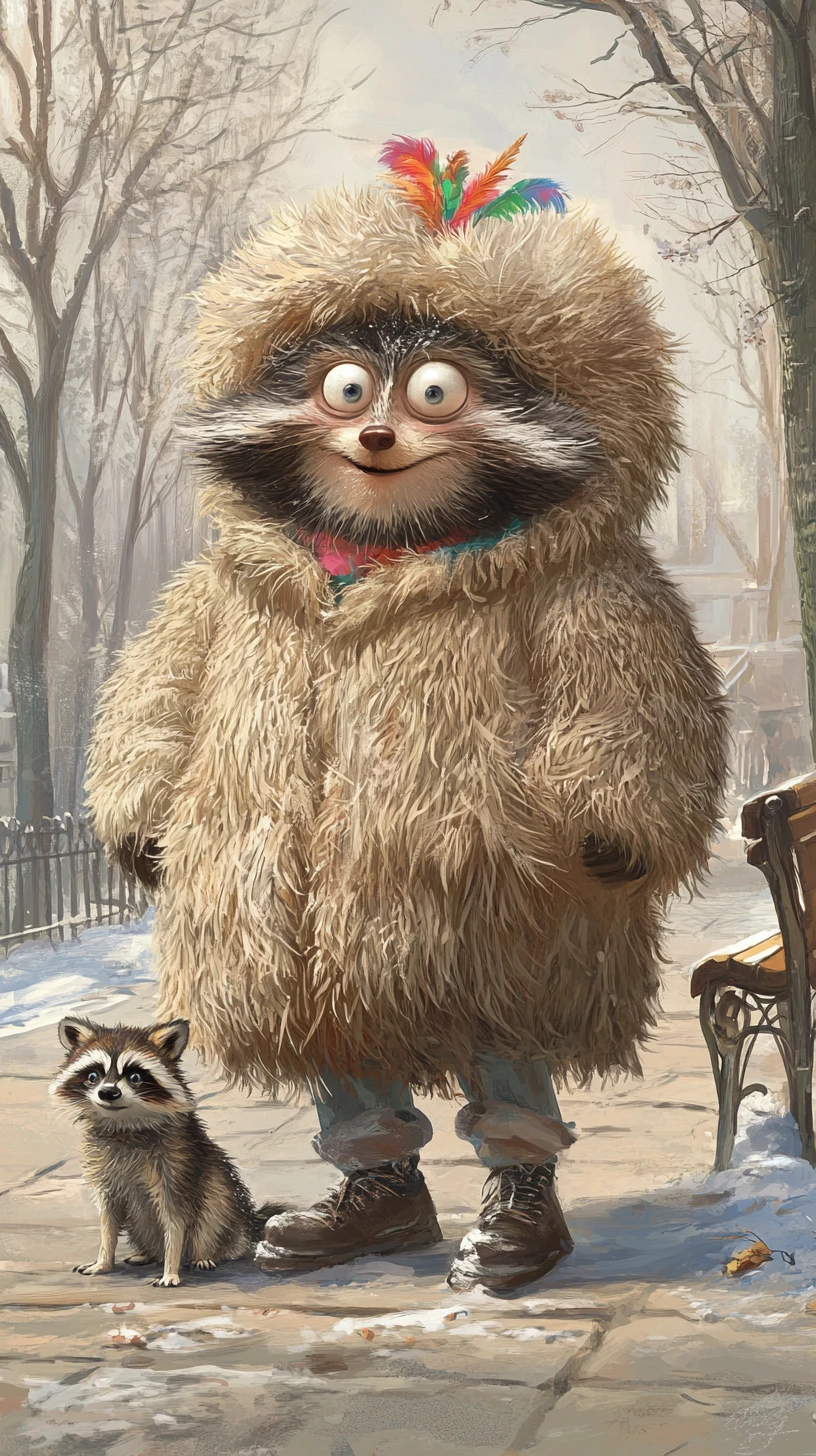 Man In Fur Coat With Raccoon And Dog In Park