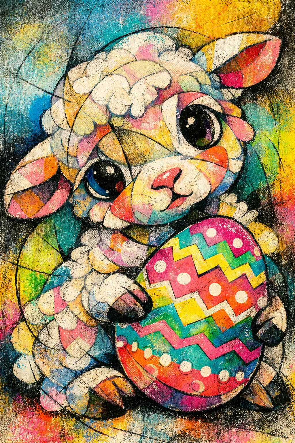 Corderito bebé cubista abstracto con retrato de huevo de Pascua sobredimensionado