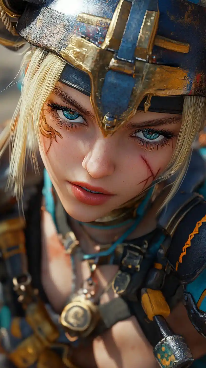 Close up of tattooed anime warrior woman in blue armor