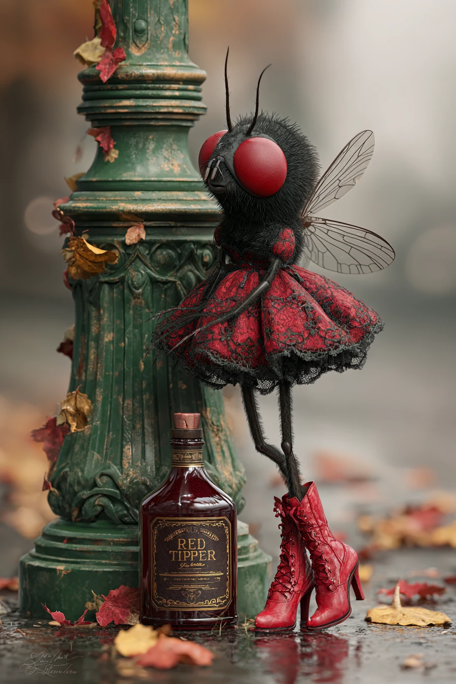 Anthropomorphic Fly In Red Dress On Rainy Autumn Sidewalk