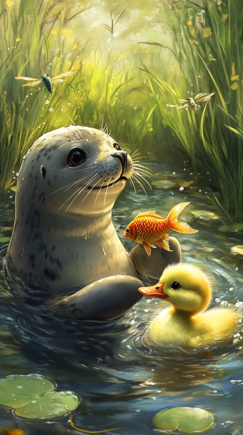 Playful seal and duckling relaxing together on sunny pond