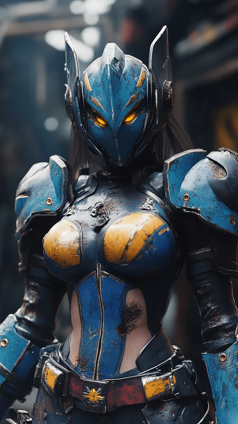 Primer plano de guerrera de anime tatuada con armadura azul