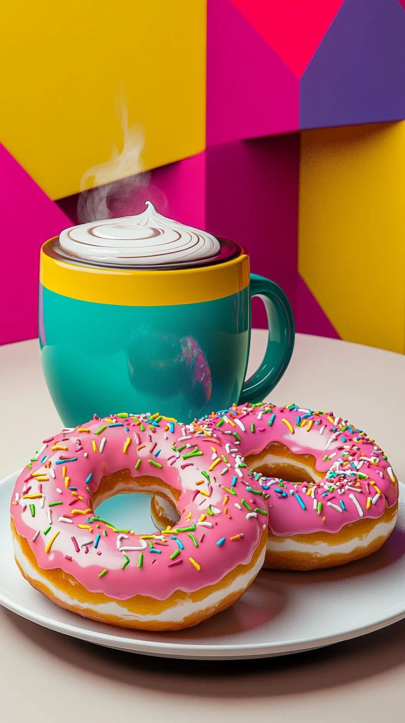 Colorful donuts and coffee in bold pop art style