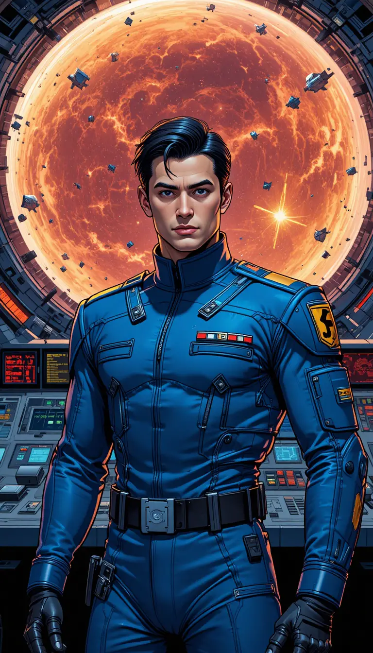 Futuristischer Offizier am blauen Kontrollpult im All