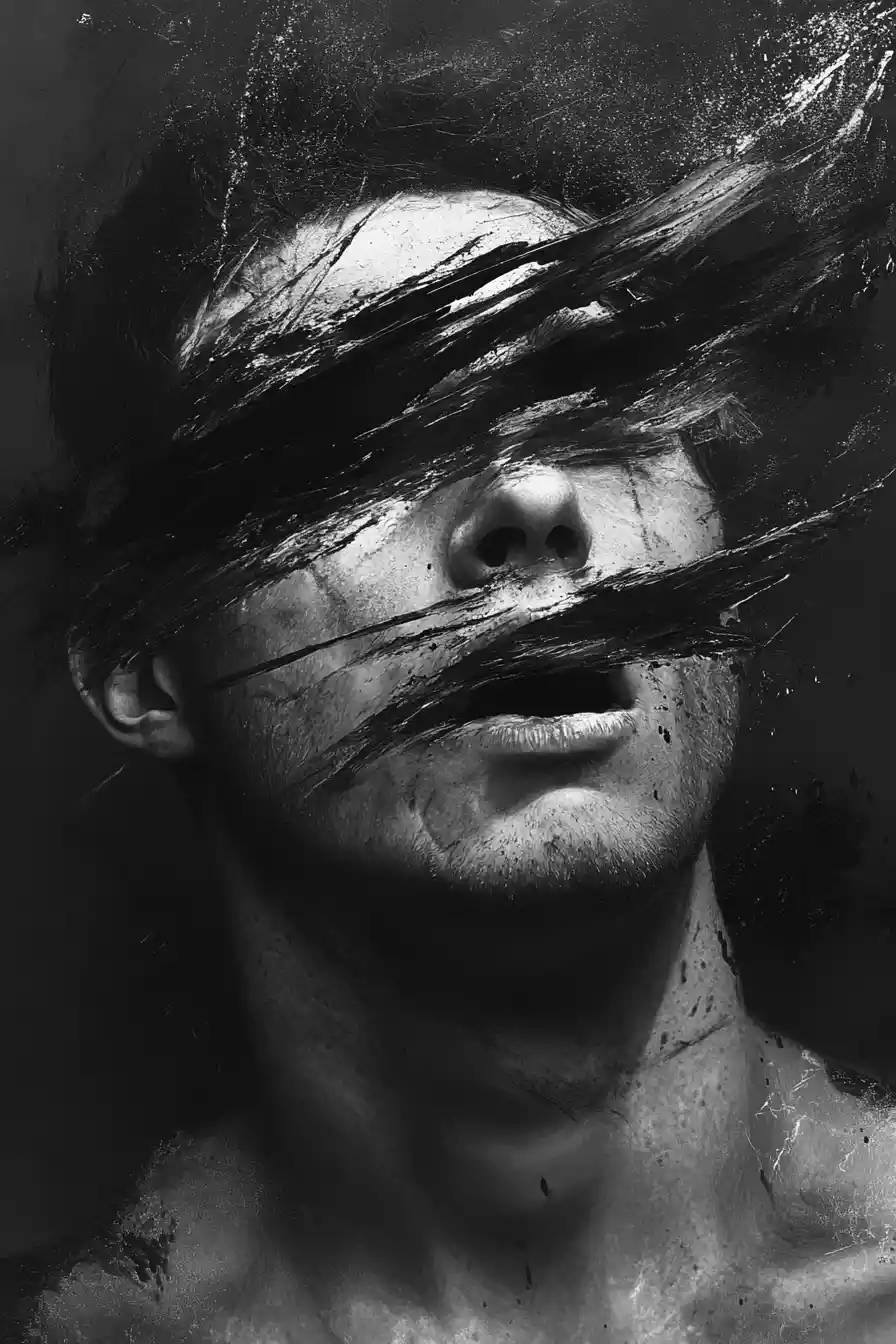 Conflicted man portrait torn between rage and restraint