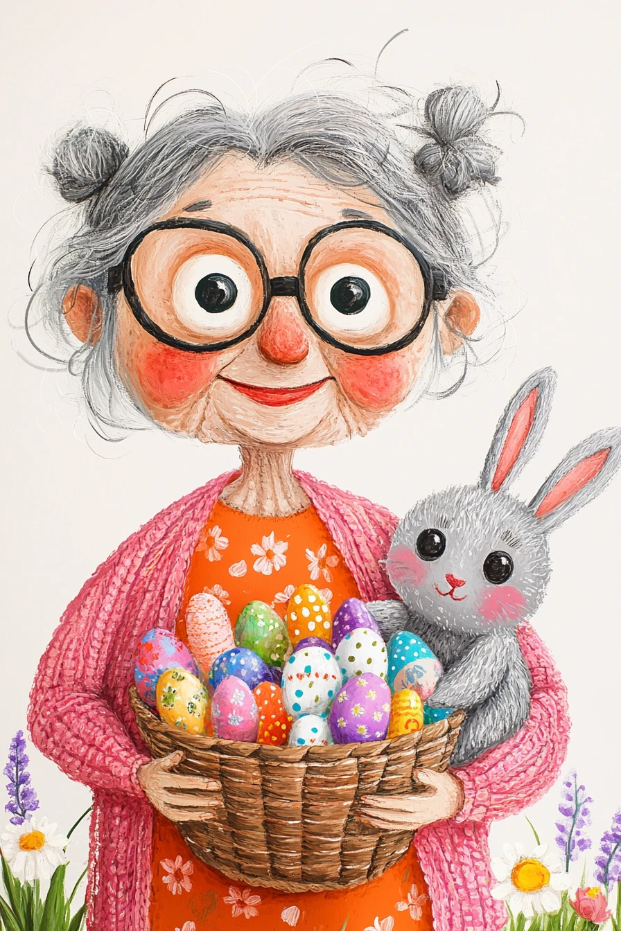Ilustración de mujer mayor alegre con conejo y cesta de Pascua