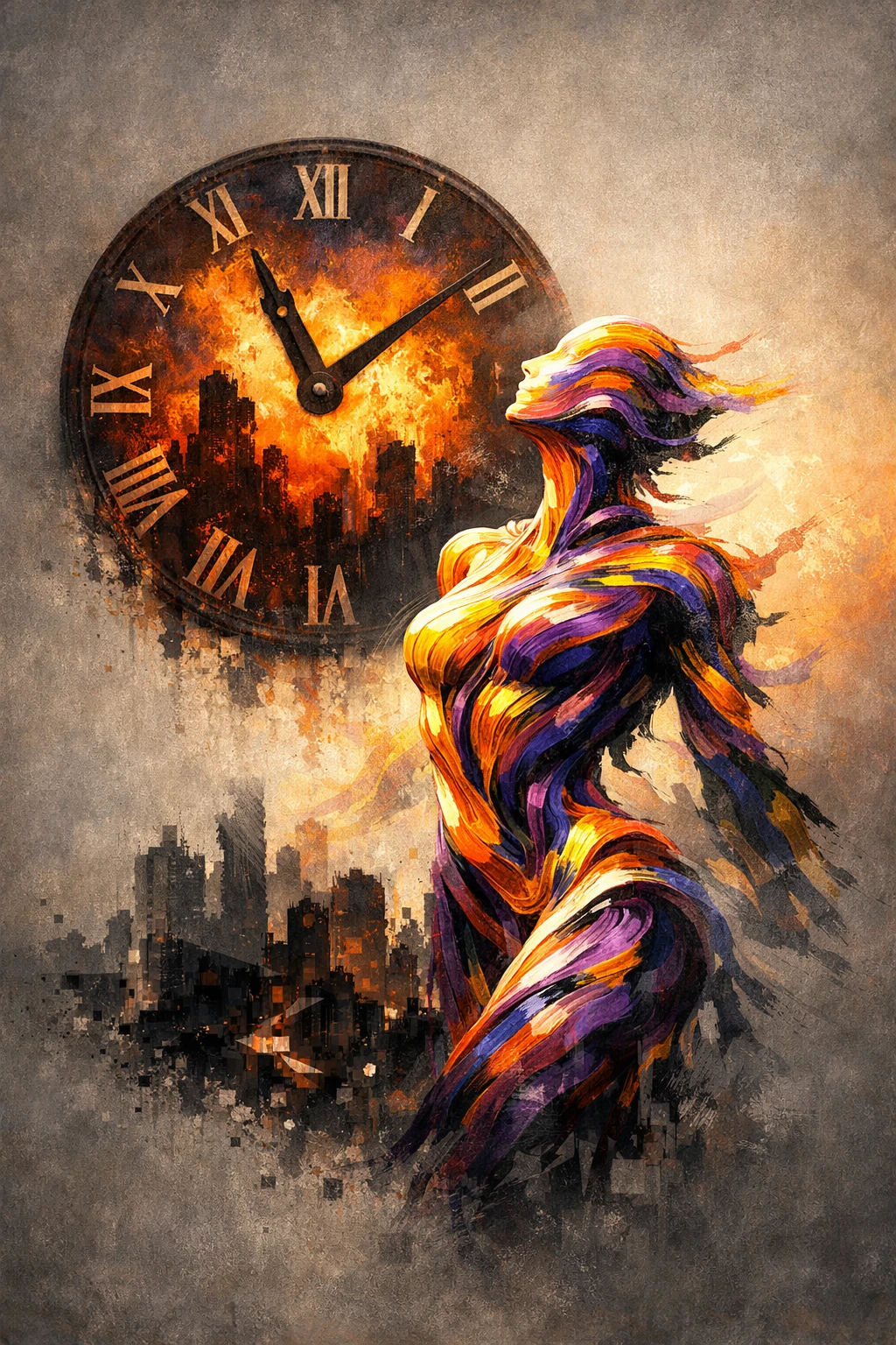 Humanoïde surréaliste en ruban face à une horloge de feu lumineuse