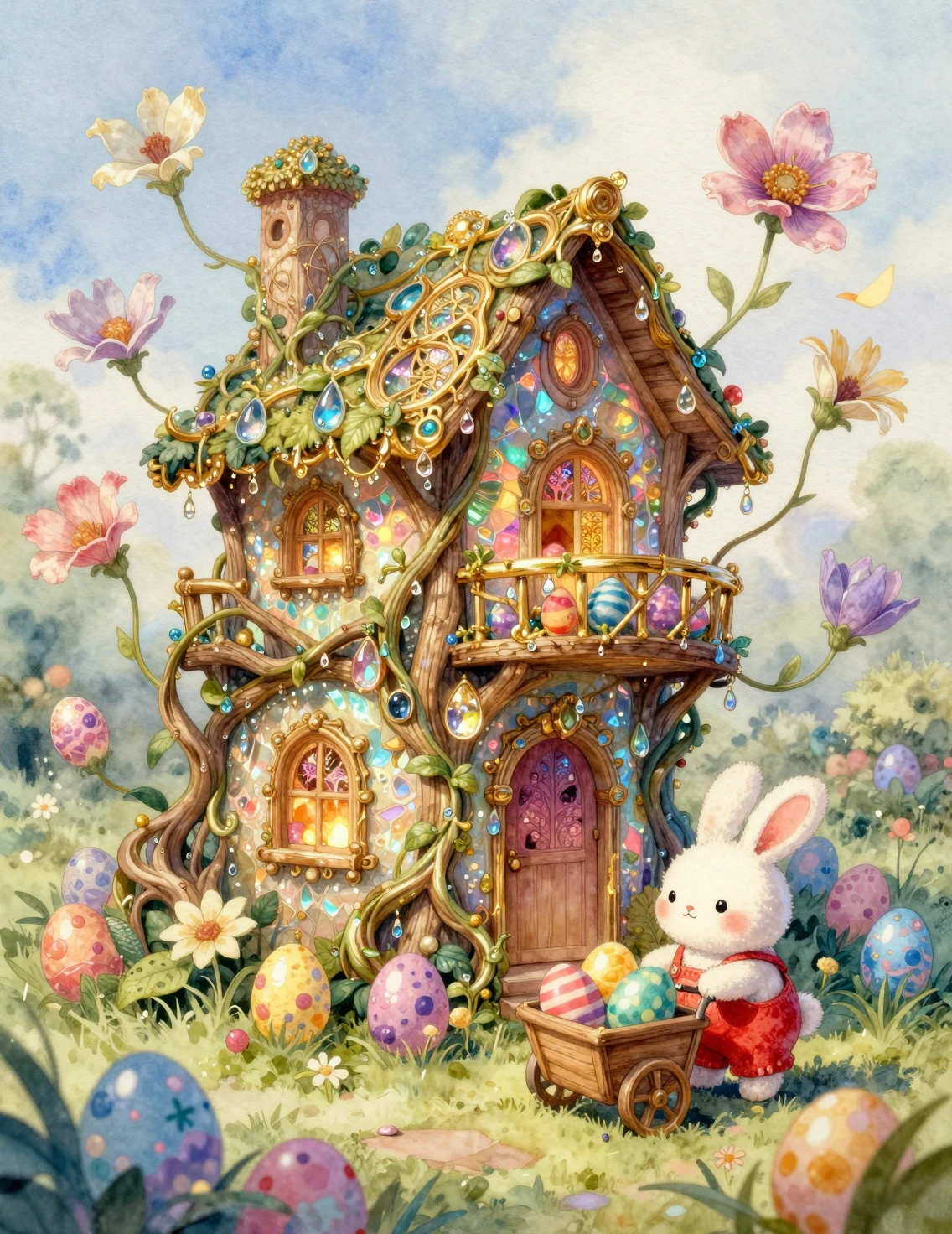 Casa de Fada Surreal de Luz com Coelhinho Chibi Companheiro