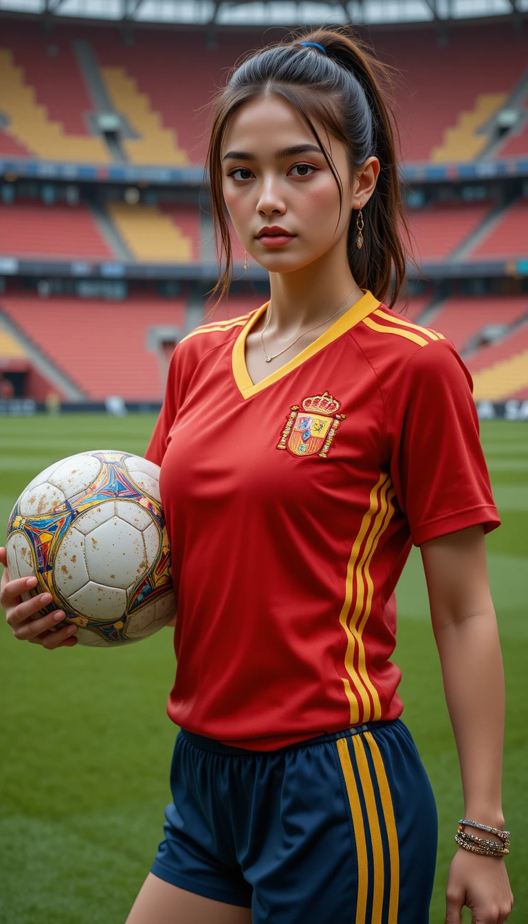 Junge Frau im roten Fußballtrikot posiert im Stadion