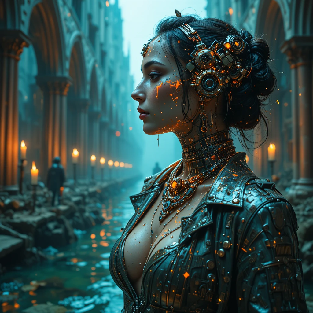 Cinematic cyberpunk woman in underwater cathedral city