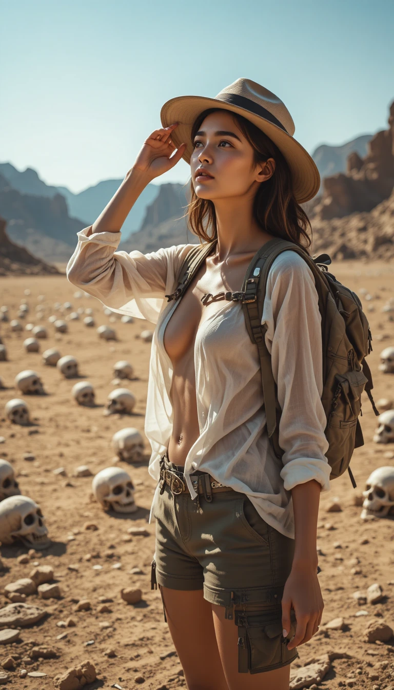 Exploratrice dans un désert ensoleillé jonché d’ossements humains