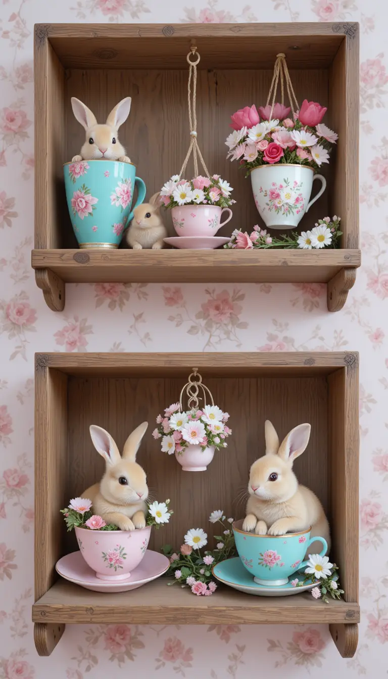 Adorables lapins et tasses fleuries sur des étagères murales en bois