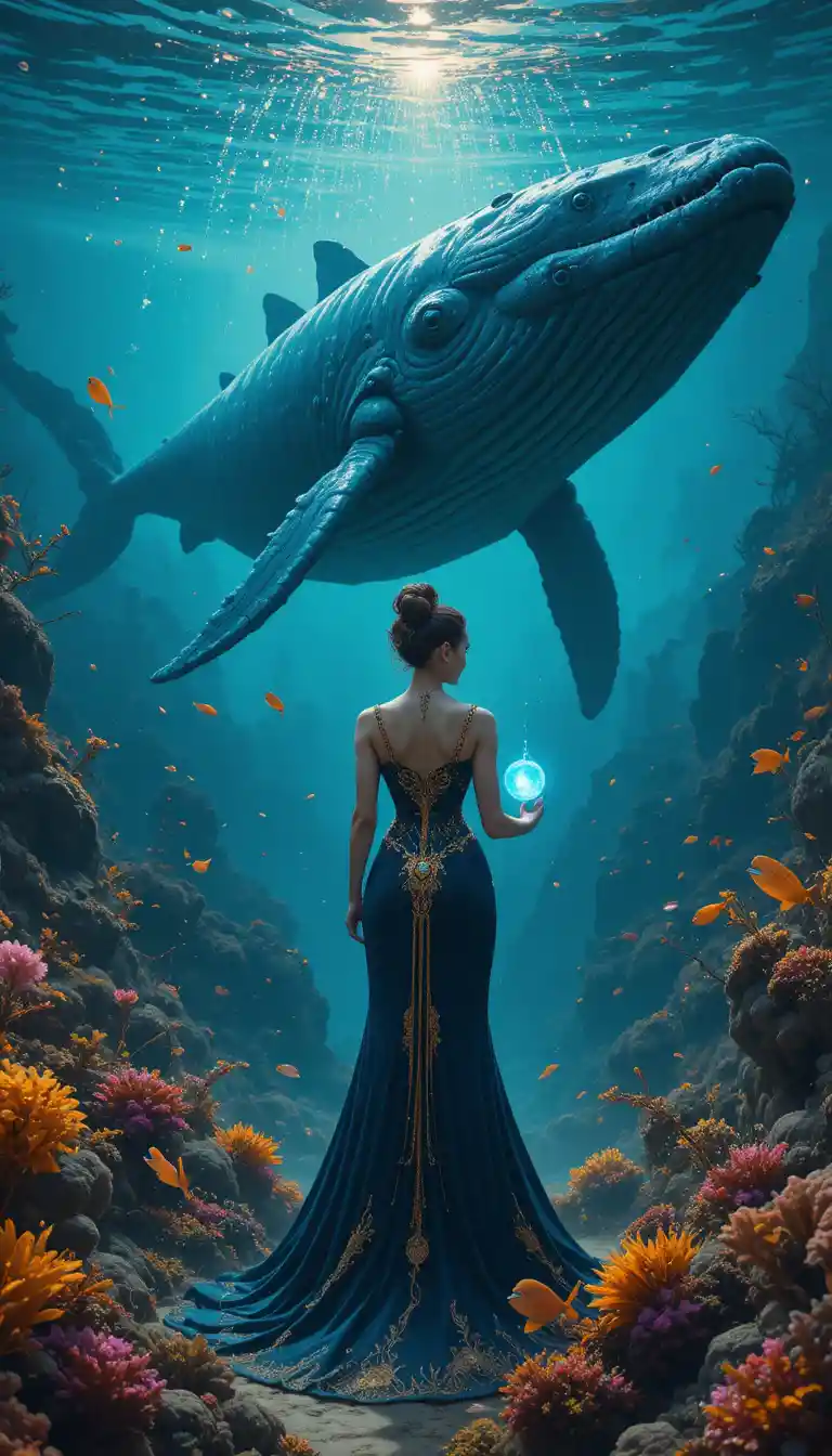 Donna futuristica con globo luminoso accanto a una balenottera azzurra