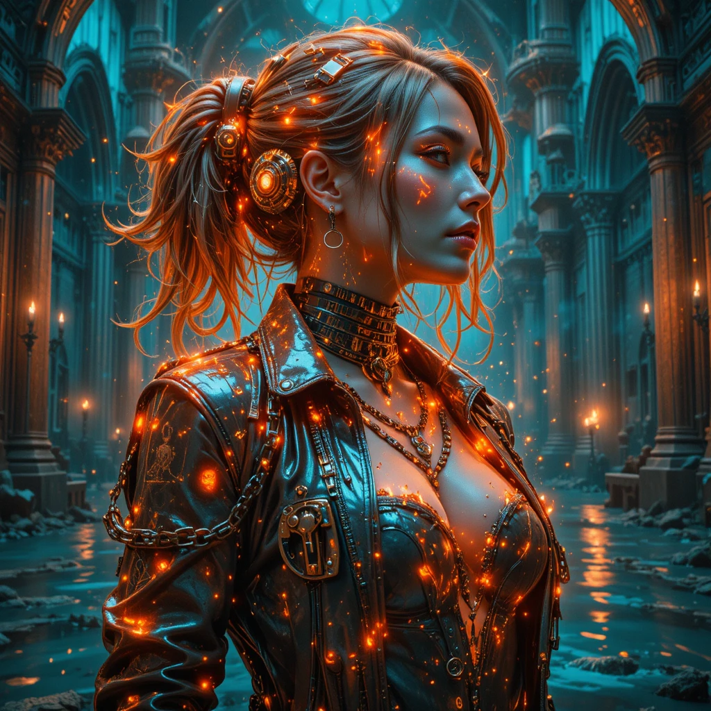 Cinematic side profile of a cybernetic heroine underwater