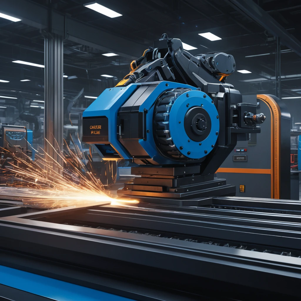 Robots d’usine futuristes construisant un railgun noir mat