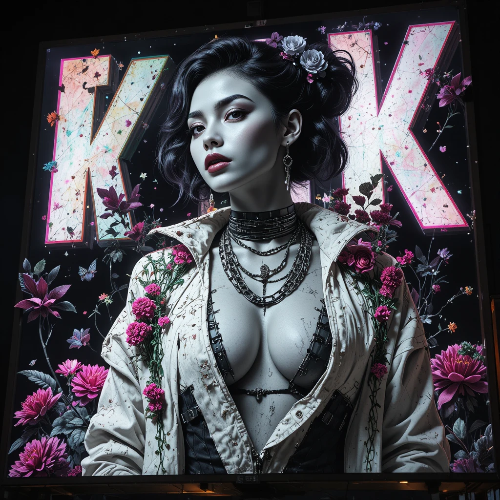 Outdoor de cidade neon com retrato futurista em preto e branco de uma heroína