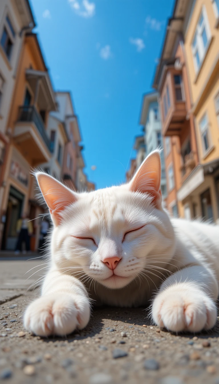 Gato branco dormindo em uma rua ensolarada de Istambul