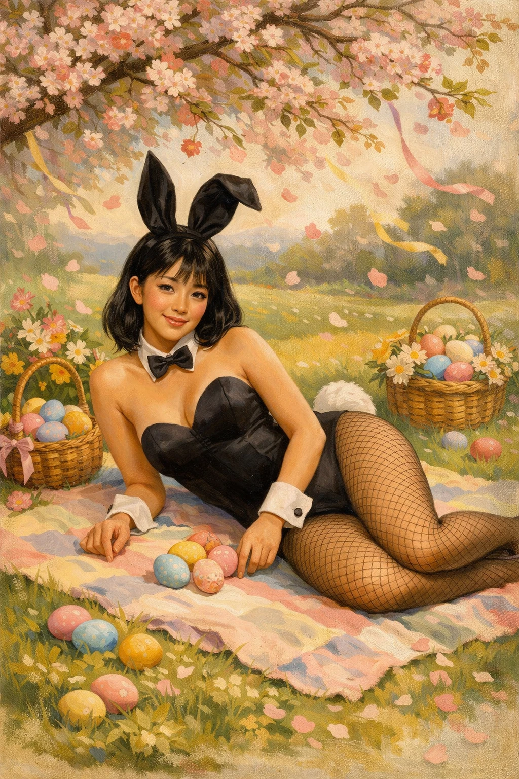 Japanese bunny girl relaxing on a spring meadow blanket