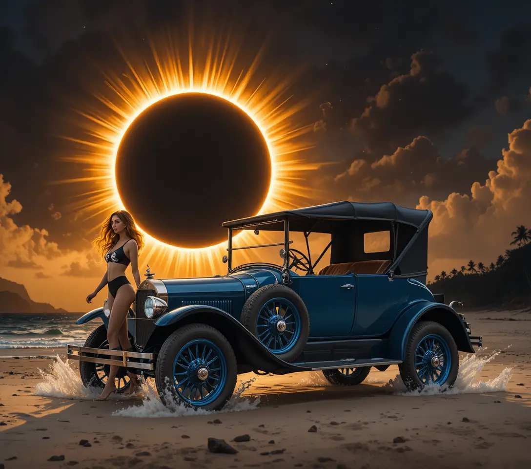 Eclipse solar total com coroa radiante sobre nuvens dramáticas