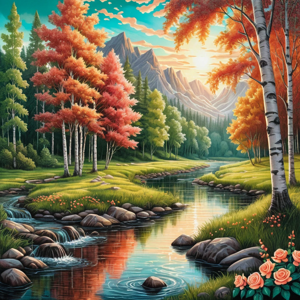 Rivière ensoleillée en forêt avec bouleaux et roses couleur pêche