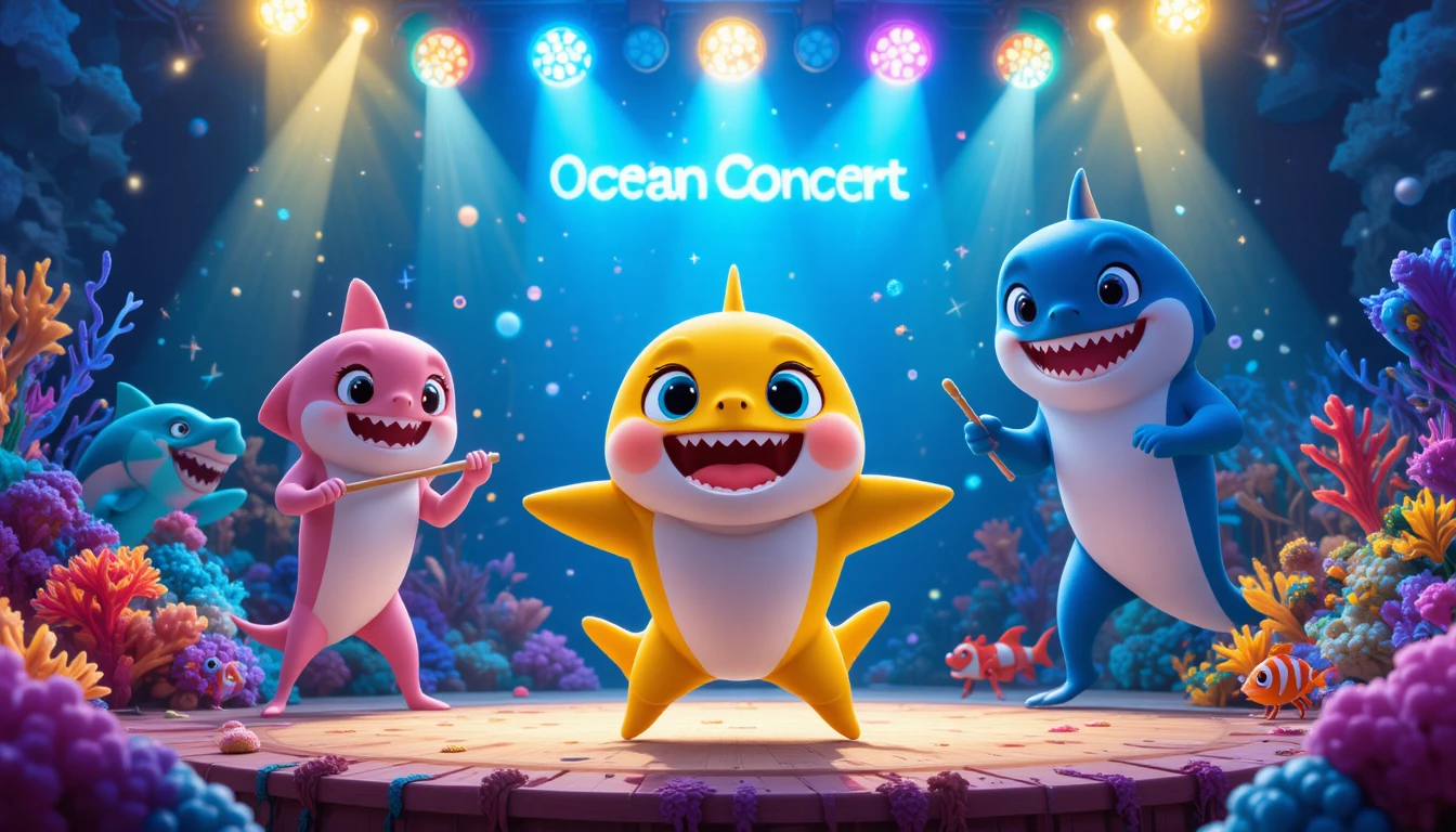 Baby shark singing in a colorful underwater concert scene