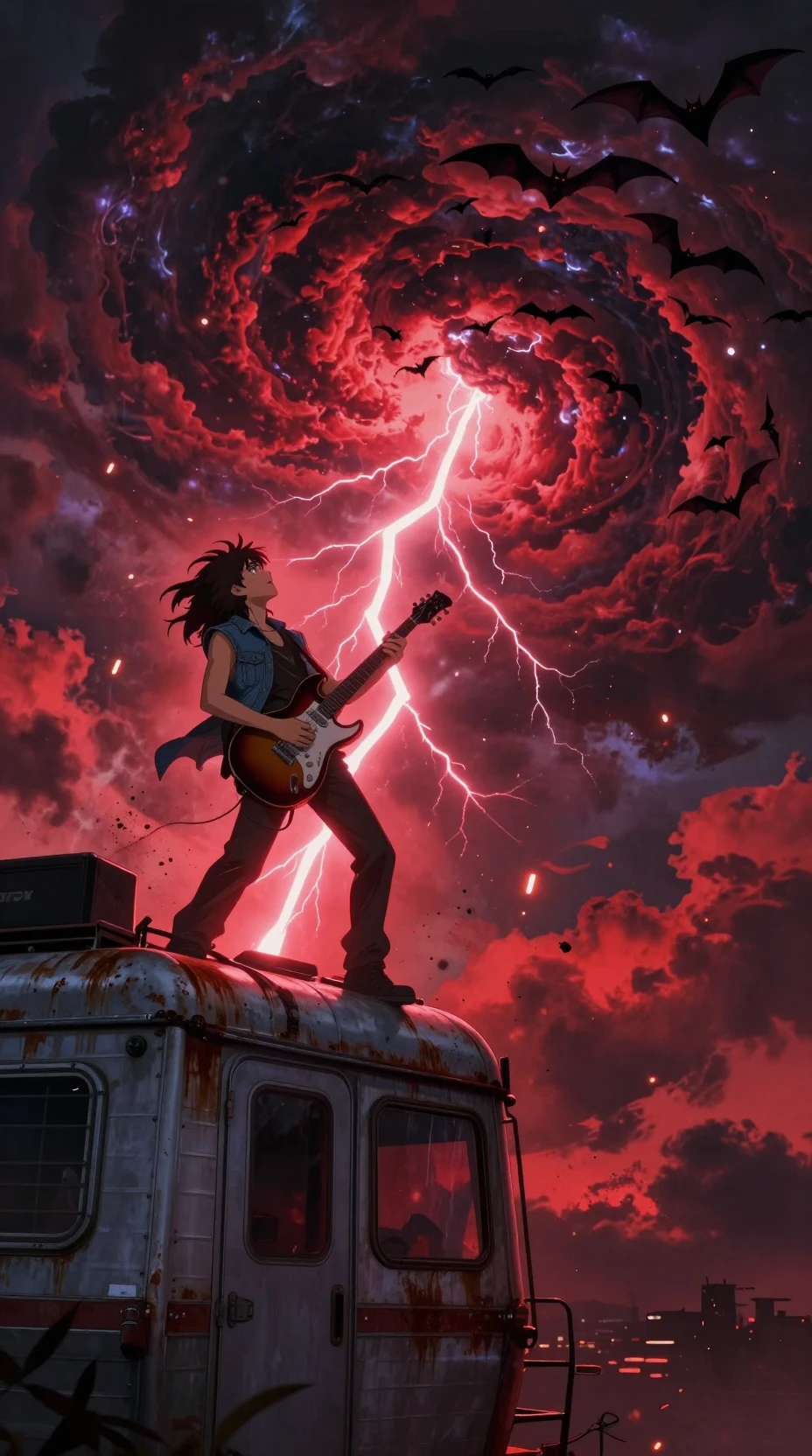 Guitarrista de anime no teto de trailer sob tempestade vermelha apocalíptica