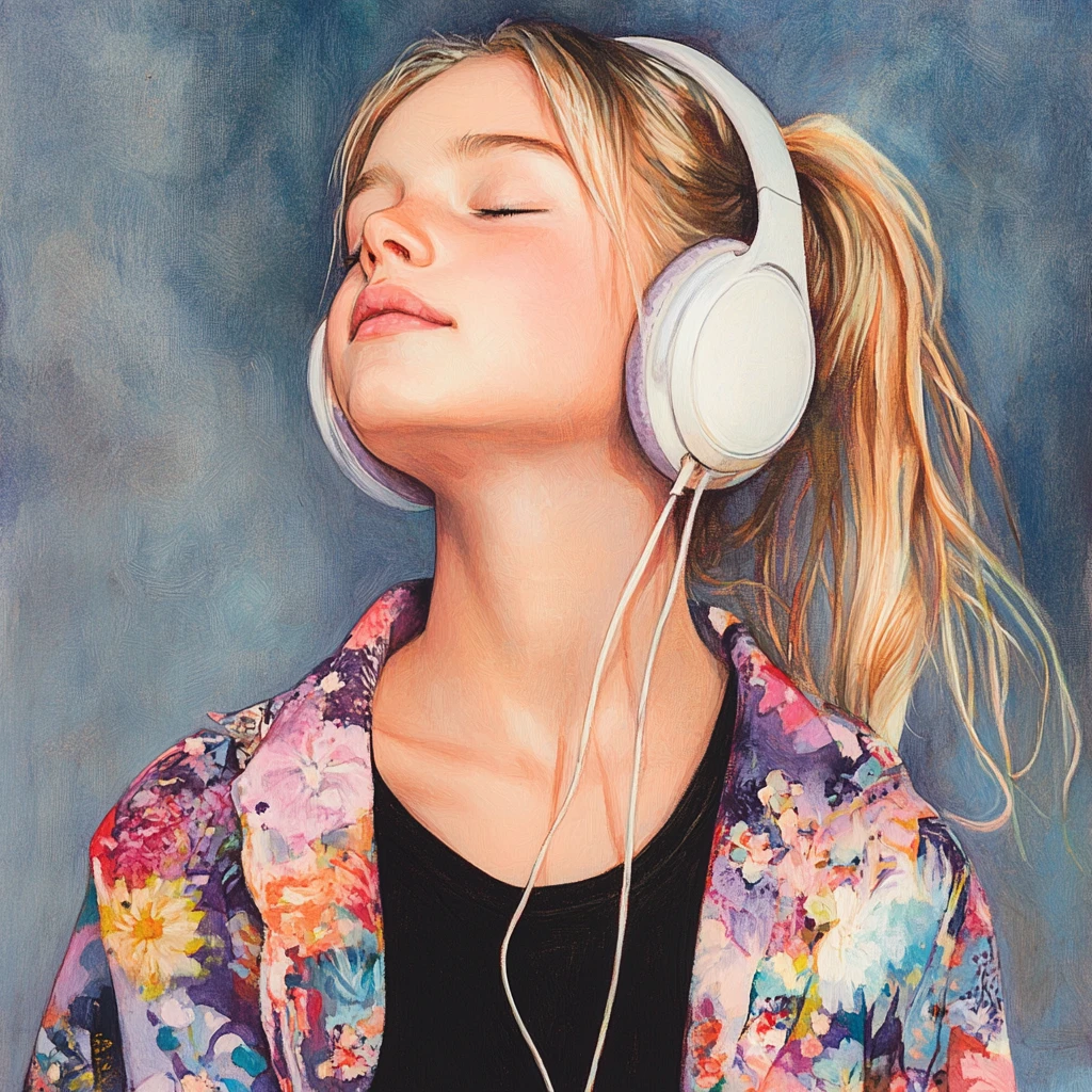 Young girl singing with headphones in a music studio