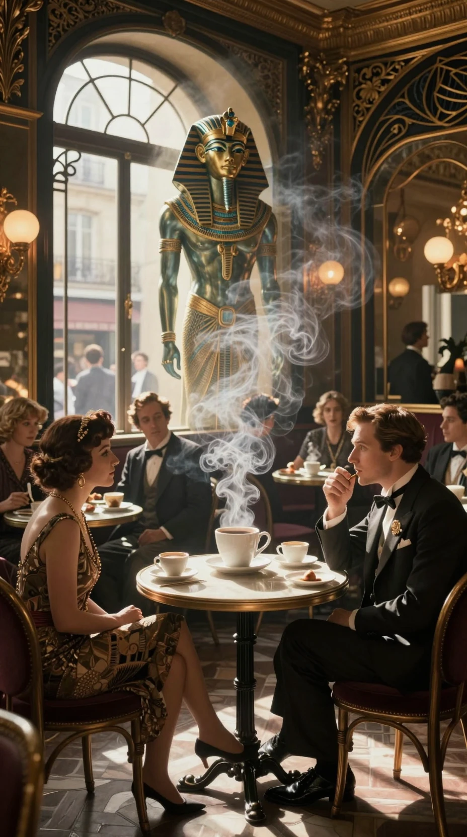 Surreal 1920s Paris cafe with levitating coffee and deity