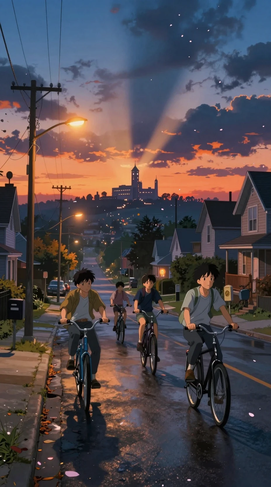 Four boys cycling down a suburban hill at twilight