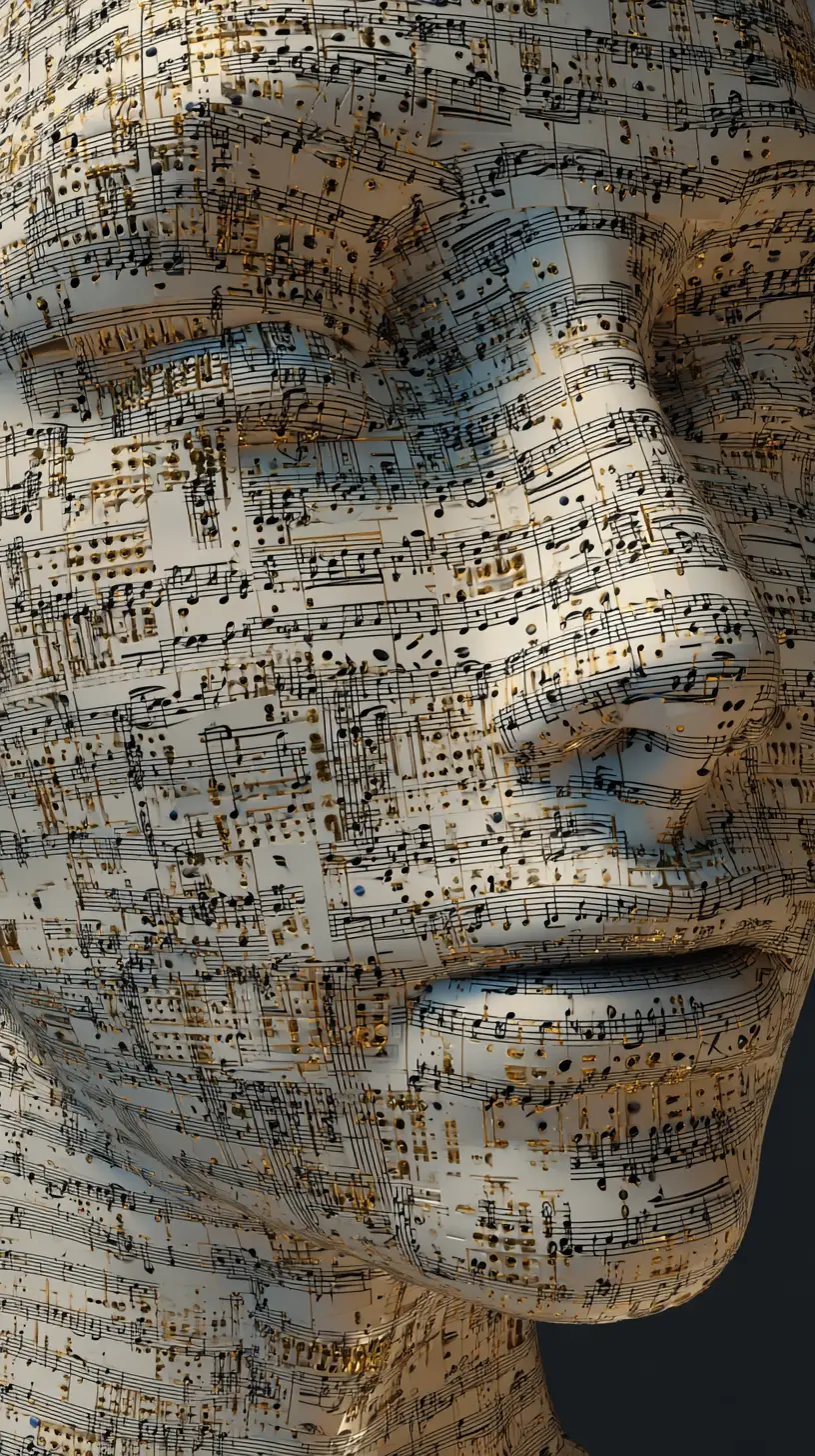 Abstract feminine figure formed from flowing musical notation
