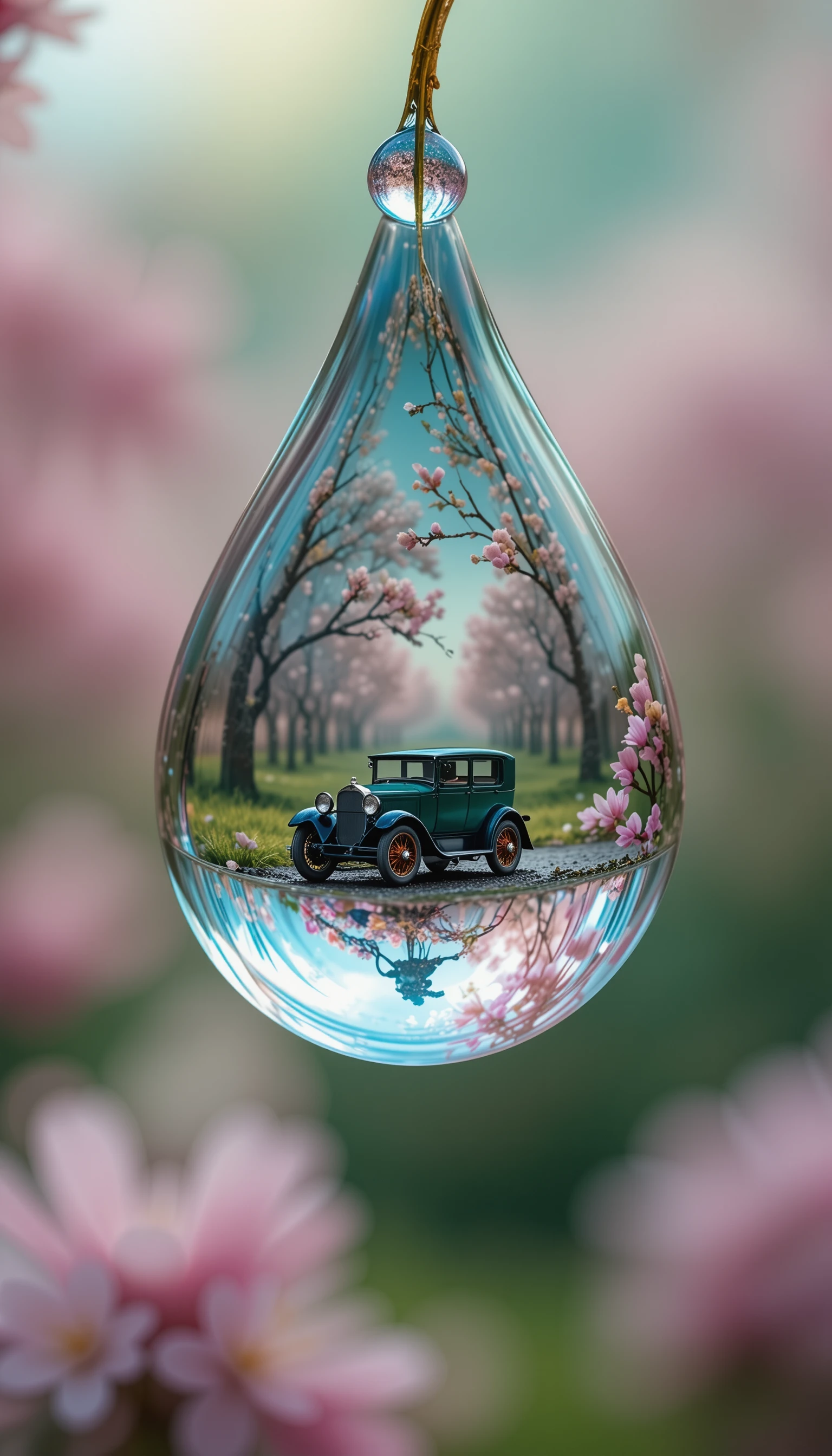 Riesiger schwebender Tautropfen, der ein winziges Vintage-Auto vergrößert