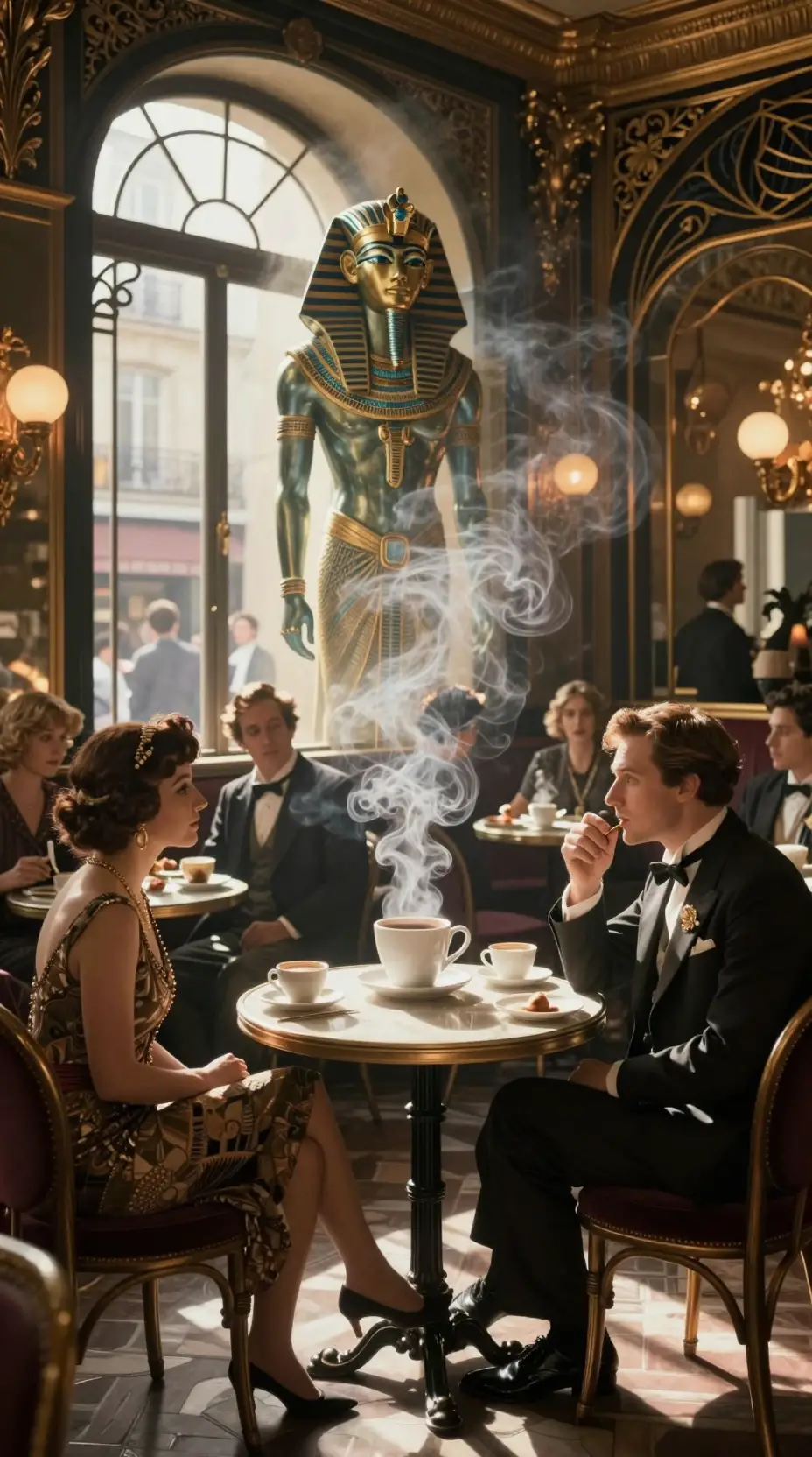 Café parisien surréaliste des années 1920 avec café en lévitation et divinité