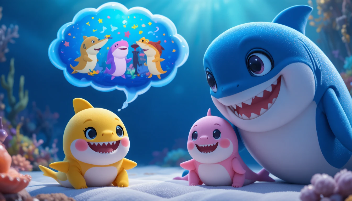 Baby shark dreaming peacefully in a colorful underwater world