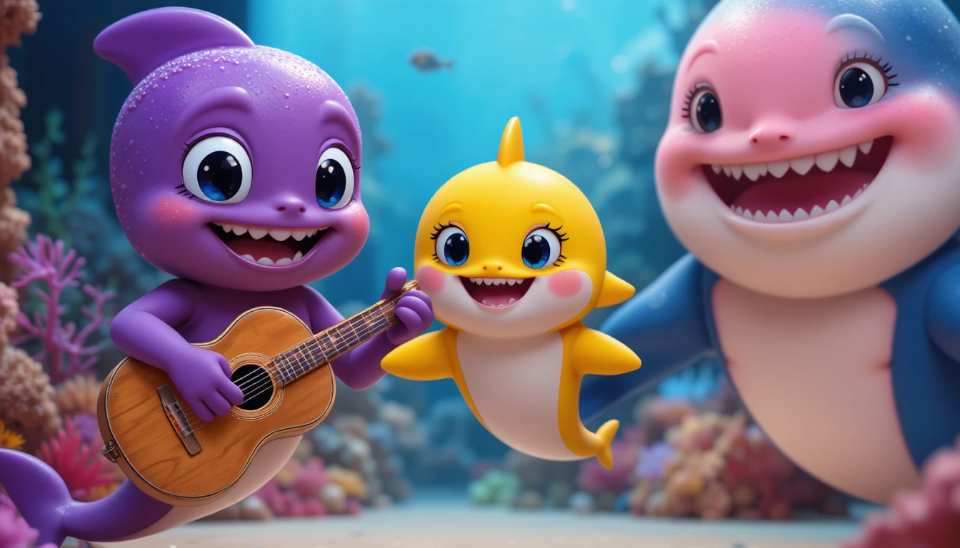 Friendly purple octopus playing a shell guitar on coral stage