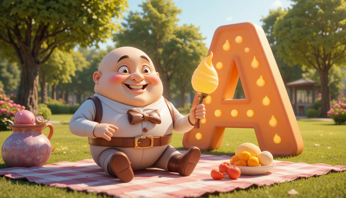 Personaggio uovo cartoon con gelato luminoso in un parco soleggiato