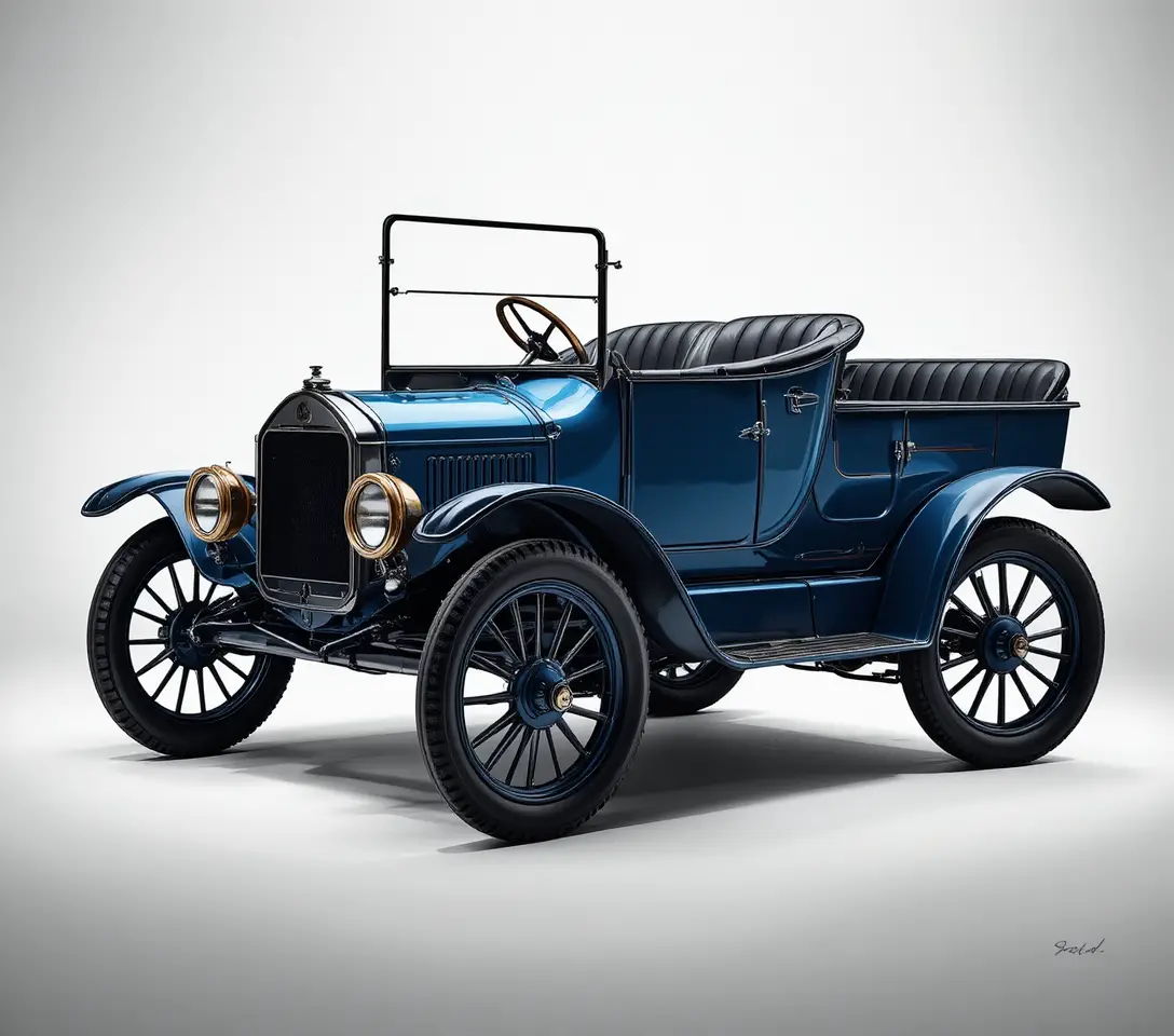 Vintage blue convertible Ford car in studio presentation