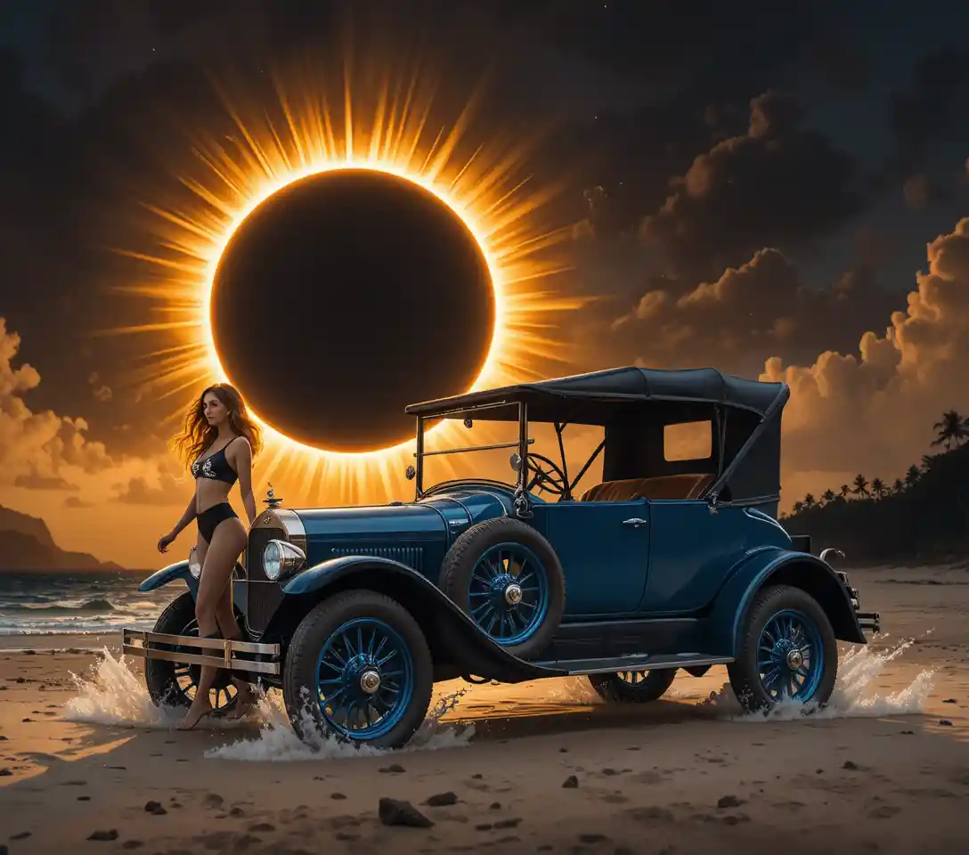 Eclipse solar total com coroa radiante sobre nuvens dramáticas
