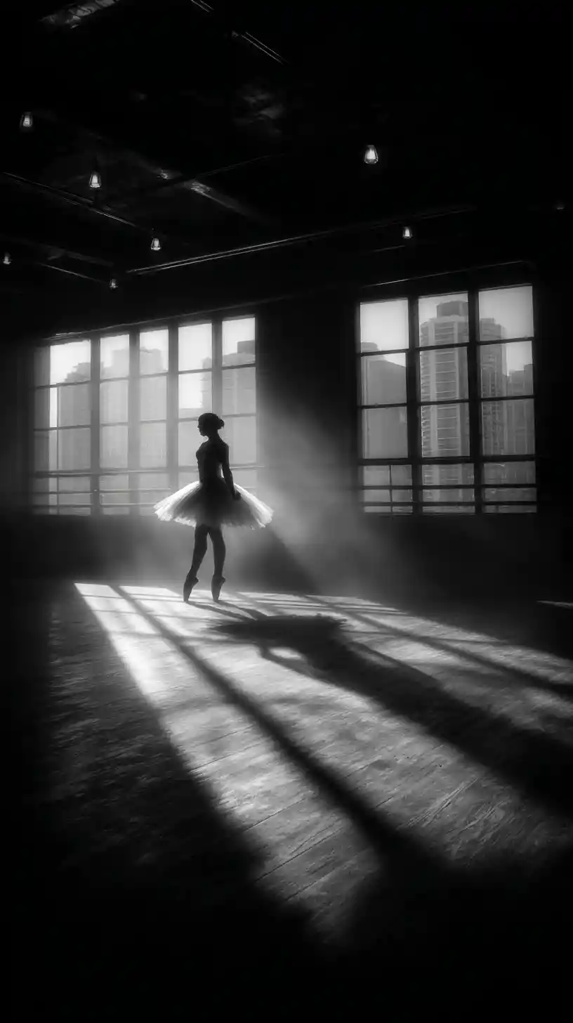 Ballerina on pointe in a dark smoky dance studio