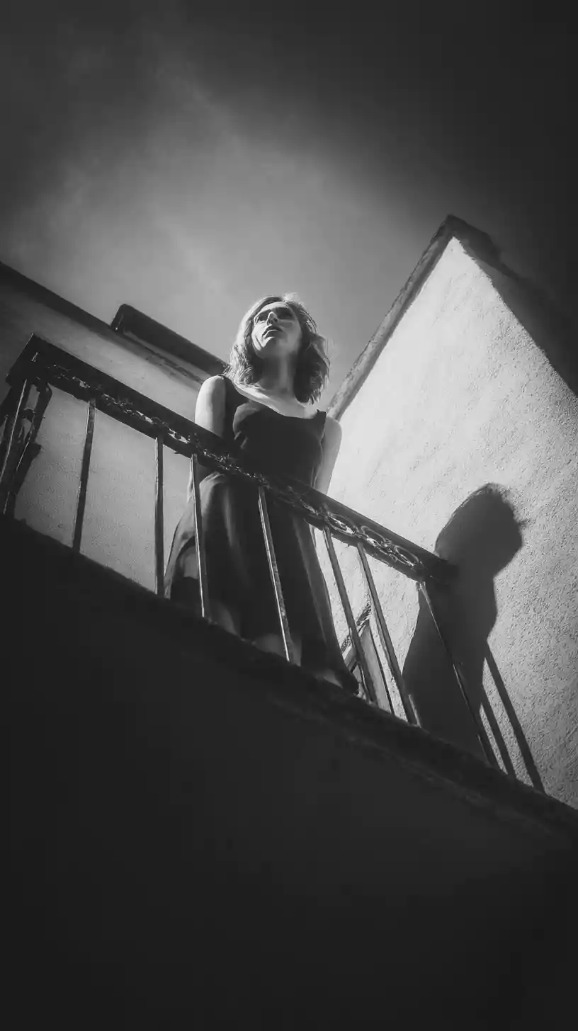 Woman standing on a balcony seen from a low angle