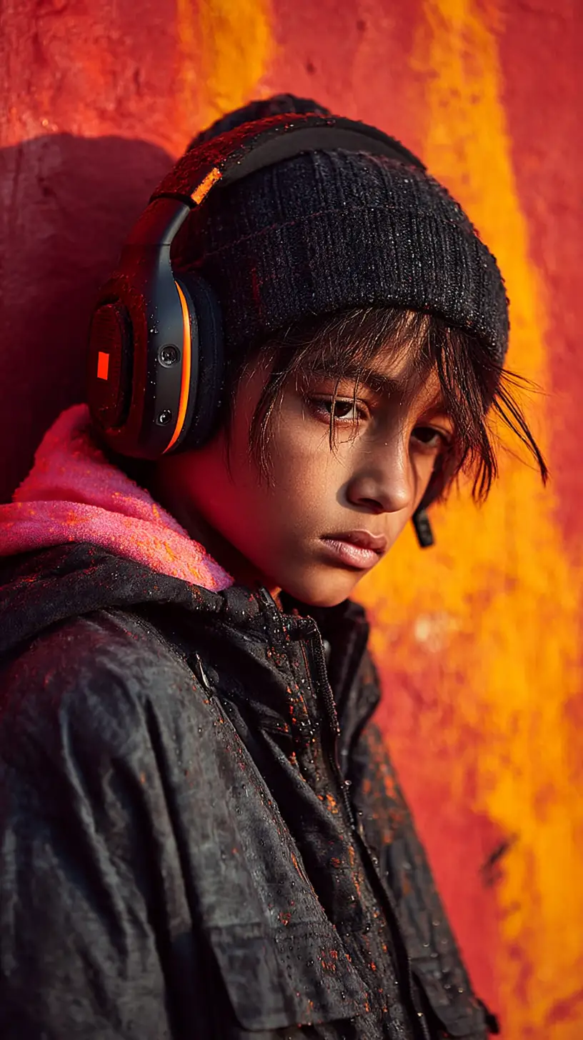 Ragazzo con cuffie luminose in colori astratti ed espressivi