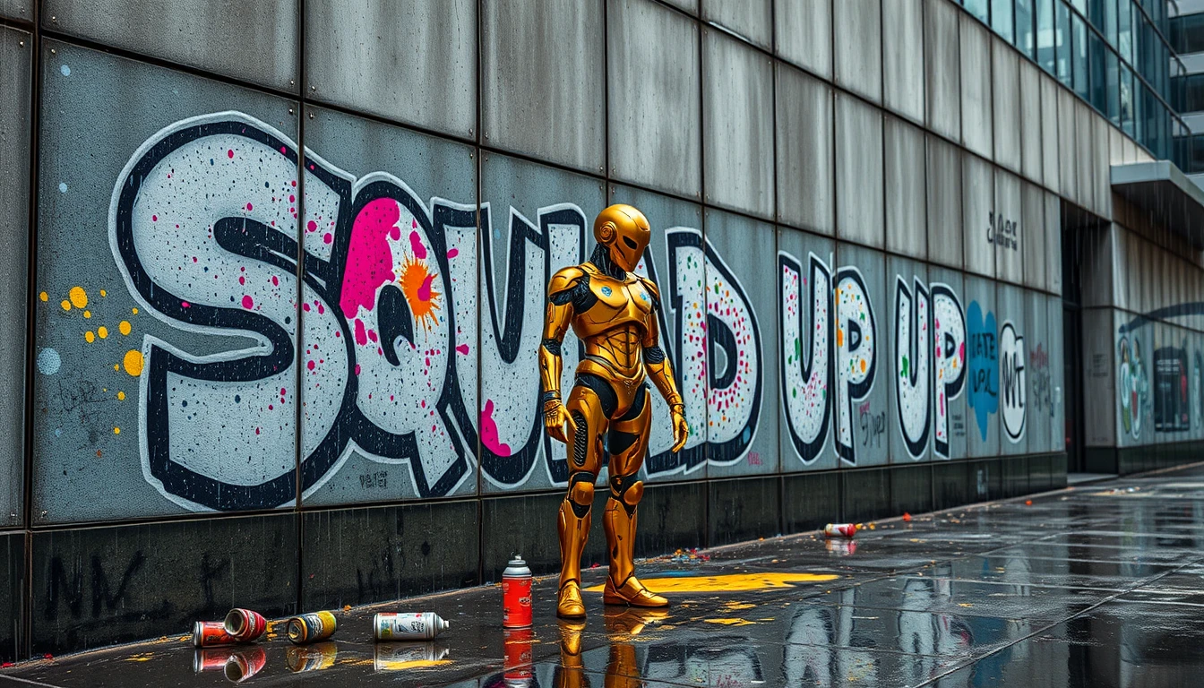 Ciborgue dourado ao lado de muro grafitado após a chuva