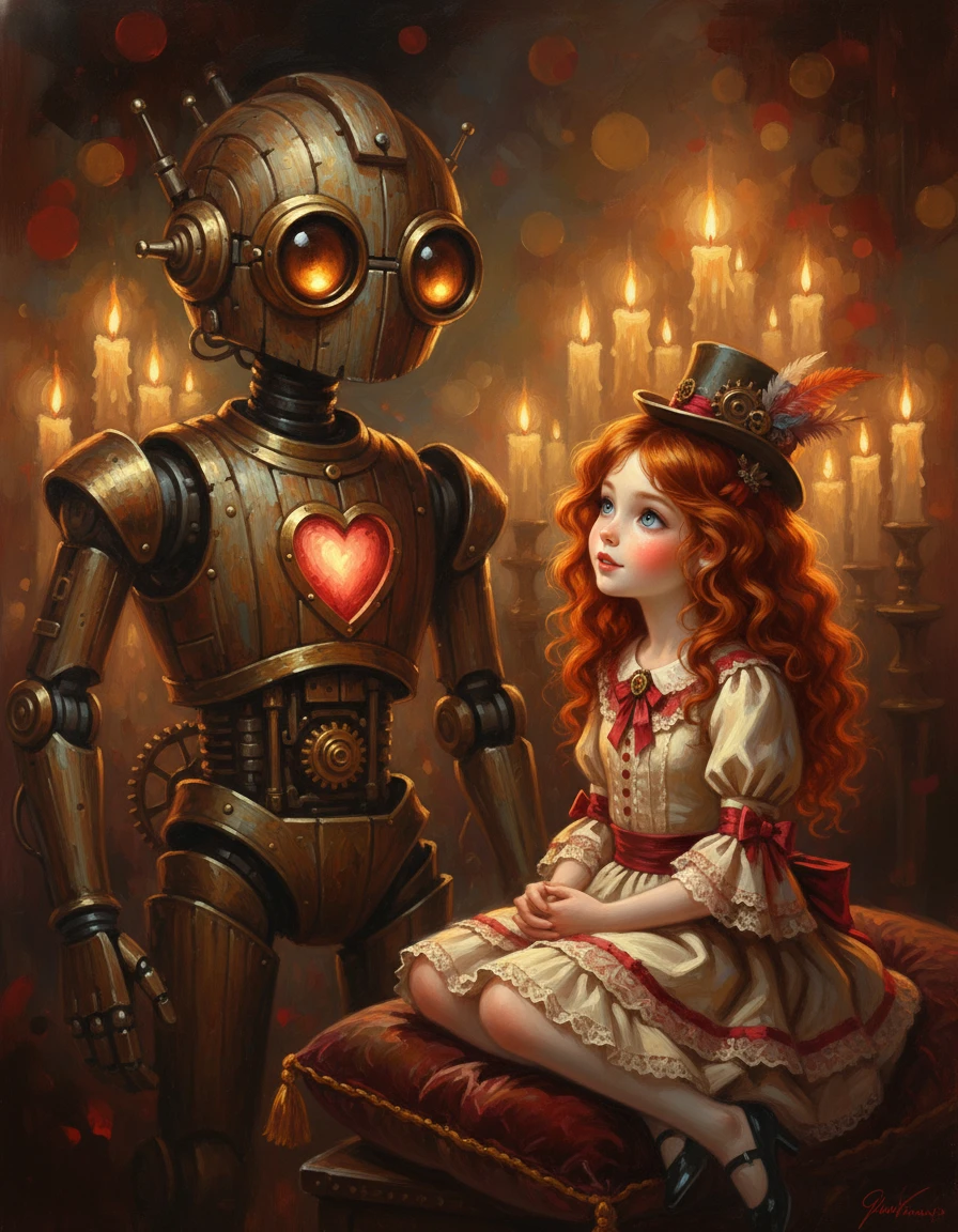 Steampunk robot and red haired girl in warm candlelit room