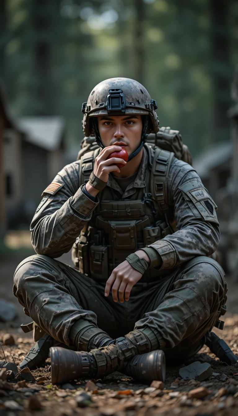 Soldado americano comendo uma maçã em um momento tranquilo no acampamento