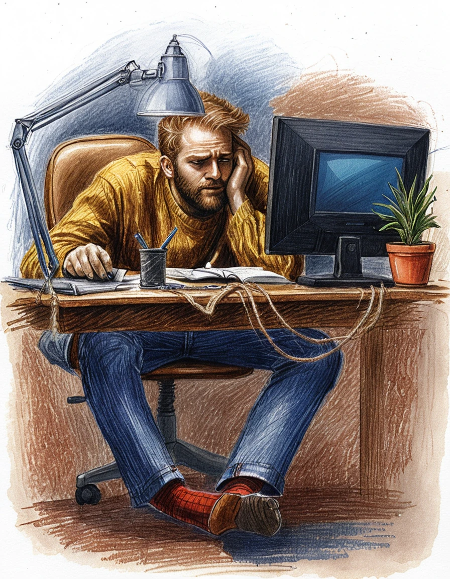 Hombre cansado en el escritorio trabajando en la computadora en un interior cálido