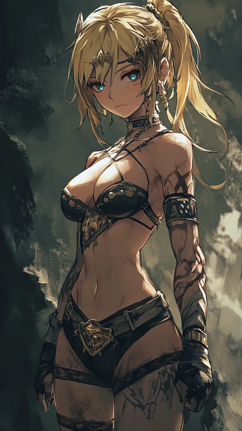 Scarred warrior woman with tattoos and golden blue eyes